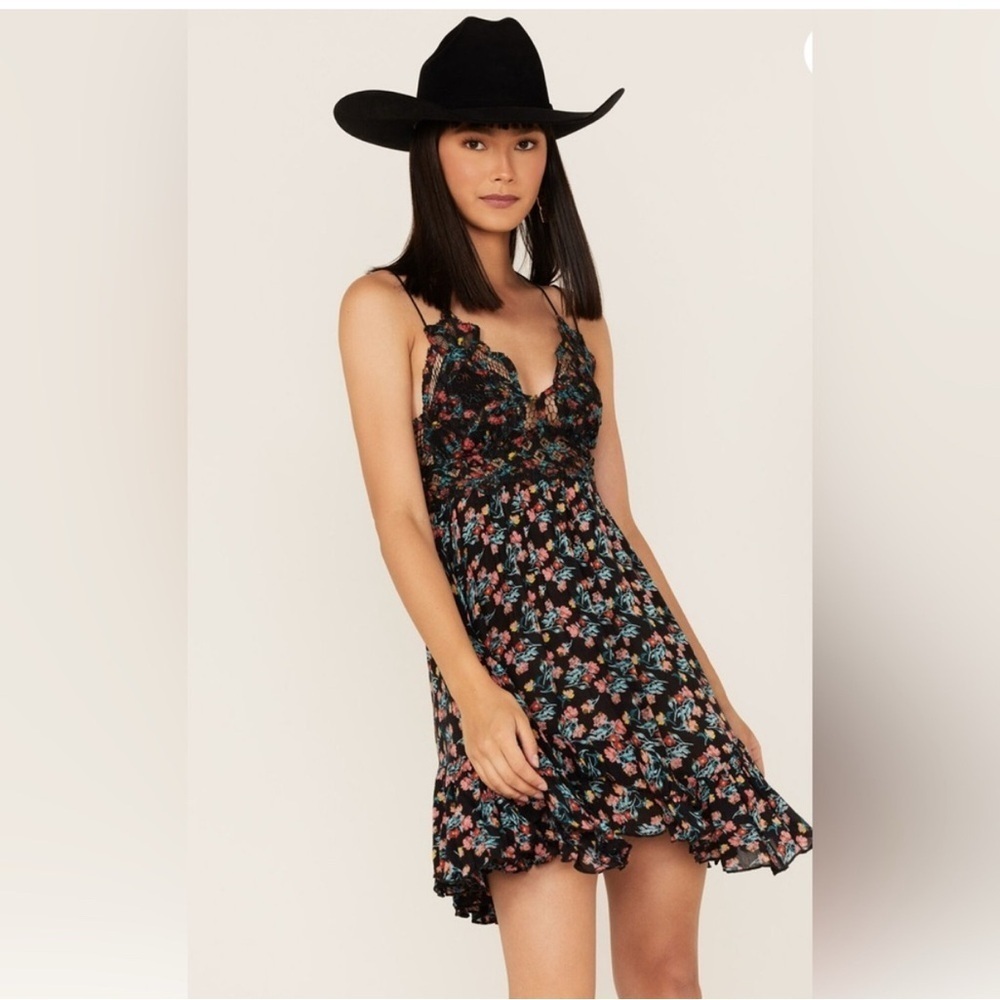 Free People Adella Printed Slip Mini Dress XS Black Combo Floral Festival Boho